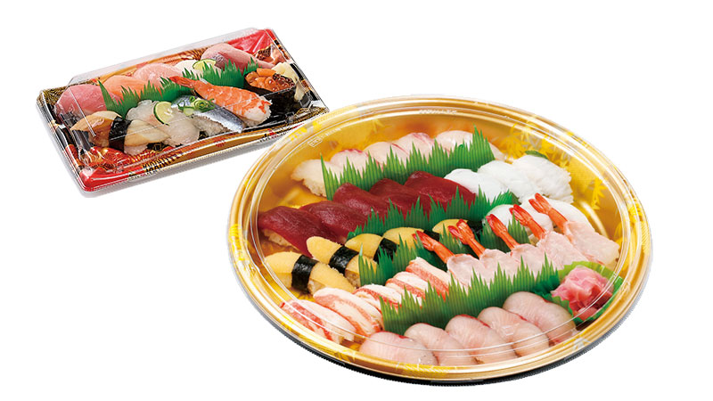 食品包装資材　寿司3トレイのことなら包装資材のシンセー